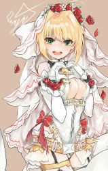 Rule 34 | 10s, 1girl, :d, ahoge, bad id, bad pixiv id, bare shoulders, beige background, belt, belt buckle, belt skirt, blonde hair, bodysuit, bow, breasts, bridal veil, buckle, chain, chain necklace, cleavage, cowboy shot, fate/extra, fate/extra ccc, fate/grand order, fate (series), flower, flower wreath, foyoy p, from side, garter straps, gloves, green eyes, hair between eyes, hair flower, hair intakes, hair ornament, hands up, head wreath, heart, heart hands, highres, jewelry, leotard, lock, looking at viewer, medium breasts, necklace, nero claudius (bride) (fate), nero claudius (fate), nero claudius (fate) (all), official alternate costume, open mouth, padlock, petals, red bow, red flower, red rose, revision, rose, short hair with long locks, showgirl skirt, sidelocks, signature, simple background, skirt, smile, solo, standing, thighhighs, turtleneck, underbust, veil, white gloves, white leotard, white skirt, wrist cuffs, zipper