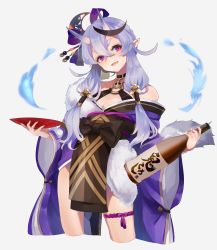Rule 34 | 1girl, absurdres, black hair, bottle, breasts, cleavage, grey background, hair between eyes, hair ornament, hairpin, highres, holding, holding bottle, horns, long hair, low twintails, multicolored hair, nijisanji, o-ring, open mouth, pink eyes, pointy ears, purple hair, rindou mikoto, simple background, solo, streaked hair, twintails, virtual youtuber, wabo o0