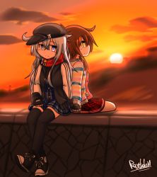 Rule 34 | 2girls, black footwear, black gloves, black jacket, black legwear, blue dress, blurry, blurry background, blush, boots, brown hair, closed mouth, cloud, commentary request, cross-laced footwear, depth of field, dress, fingerless gloves, foot dangle, gloves, hair between eyes, hibiki (kancolle), holding hands, inazuma (kancolle), jacket, kantai collection, lace-up boots, long hair, multiple girls, open clothes, open jacket, outdoors, pink eyes, pink shirt, plaid, plaid dress, plaid skirt, raythalosm, red skirt, shirt, signature, silver hair, sitting, skirt, sky, smile, striped clothes, striped jacket, sun, sunset, thighhighs, track jacket, very long hair, yellow eyes