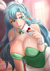 Rule 34 | 1girl, alternate costume, animal ears, aqua hair, bare shoulders, bow, braid, card, chloe (fire emblem), commentary request, fake animal ears, fake tail, fire emblem, fire emblem engage, green eyes, green leotard, hair bow, hairband, hand up, holding, holding card, indoors, leotard, long hair, looking at viewer, nintendo, orange bow, pantyhose, parted lips, pink lips, rabbit ears, rabbit tail, rinku bny, smile, solo, strapless, strapless leotard, tail, upper body, very long hair, white hairband, white pantyhose