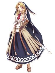 Rule 34 | 1girl, blazing souls, blonde hair, blue dress, blue eyes, buckle, character request, dress, expressionless, full body, hirano katsuyuki, long hair, official art, sandals, solo, spectral (series), tattoo, veil, white background