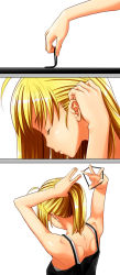 Rule 34 | 00s, 1girl, adjusting hair, alternate hairstyle, arms up, artoria pendragon (all), artoria pendragon (fate), bare shoulders, closed eyes, comic, fate/stay night, fate (series), from behind, from side, hairdressing, nazo kichi, ponytail, profile, saber (fate), simple background, sleeveless, tank top, tying hair, upper body, white background