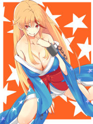 Rule 34 | 1girl, bare shoulders, blonde hair, breasts, cleavage, come hither, horns, hoshiguma yuugi, hoshiguma yuugi (kimono), japanese clothes, kimono, large breasts, long hair, looking at viewer, orange background, pointy ears, q (a72pgc), red eyes, single horn, smile, solo, star (symbol), starry background, touhou
