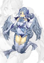 Rule 34 | 1girl, absurdres, bird legs, blue eyes, blue feathers, blue wings, blush, breasts, commentary request, feathered wings, feathers, hair between eyes, harpy, highres, long hair, low ponytail, medium breasts, midriff, monster girl, navel, neck ruff, original, partially submerged, shitoi (aqua1487), solo, water, webbed feet, webbed hands, wings