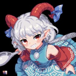 Rule 34 | 1girl, 999 (hansode), black background, blue dress, curly hair, detached sleeves, dress, earrings, highres, holding, holding spork, horizontal pupils, horn ornament, horn ribbon, horns, jewelry, looking at viewer, meandros, open mouth, oversized object, patterned clothing, pixel art, pointy ears, rectangular pupils, red eyes, red horns, red sleeves, ribbon, sharp teeth, sheep horns, short hair, smile, solo, spork, teeth, touhou, toutetsu yuuma, utensil, white hair
