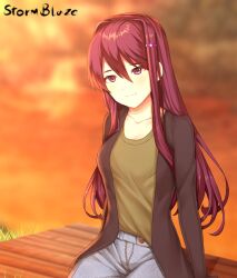 baking baking_girl black_jacket blue_pants doki_doki_literature_club green_shirt highres jacket outdoors outside_border pants purple_eyes purple_hair shirt sititng storm_blaze sunset yuri_(doki_doki_literature_club)