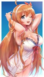 Rule 34 | 1girl, ;d, absurdres, ahoge, armpits, arms up, bikini, blue eyes, blush, bow, braid, breasts, cleavage, commentary request, cowboy shot, hair ribbon, hairband, hands in hair, highres, large breasts, long hair, looking back, navel, one eye closed, open mouth, orange hair, pecorine (princess connect!), pecorine (summer) (princess connect!), princess connect!, red bow, red ribbon, ribbon, shuucream (syuichi), side braid, smile, solo, swimsuit, very long hair, white bikini, white hairband