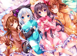 Rule 34 | 10s, 4girls, :o, ^ ^, akatsuki (kancolle), animal hood, bed sheet, blue eyes, blush, brown eyes, brown hair, cat hood, closed eyes, clothes grab, closed eyes, frills, girl sandwich, hair between eyes, hair ornament, hairclip, hibiki (kancolle), hood, ikazuchi (kancolle), inazuma (kancolle), kantai collection, long hair, long sleeves, looking at viewer, lying, multiple girls, nightgown, nogi takayoshi, hugging object, on back, on bed, open mouth, parted lips, pillow, pillow hug, polka dot pillow, purple eyes, purple hair, rabbit hood, sandwiched, short hair, squirrel tail, striped, tail, very long hair, white hair