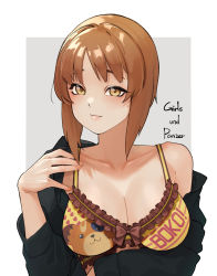 Rule 34 | 1girl, absolutemabbak, animal print, bear print, black shirt, boko (girls und panzer), bow, bow bra, bra, breasts, brown eyes, brown hair, cleavage, closed mouth, clothes writing, commentary, copyright name, frilled bra, frills, girls und panzer, grey background, half-closed eyes, highres, light blush, long sleeves, looking at viewer, medium breasts, nishizumi miho, off shoulder, outside border, print bra, shirt, short hair, smile, solo, underwear, upper body, yellow bra