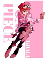 Rule 34 | 1girl, azisaiharumaki56, black thighhighs, blue eyes, boots, character name, commentary, copyright name, frilled shirt, frills, full body, gloves, goggles, goggles on headwear, hat, highres, invisible chair, koala, koala (one piece), looking to the side, one piece, pink light, pink shirt, pink theme, shirt, short hair, sitting, skirt, solo, thighhighs