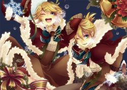 Rule 34 | 1boy, 1girl, blonde hair, blue eyes, bow, breath, brother and sister, christmas, domco, gloves, hair ornament, hairclip, hat, unworn hat, unworn headwear, kagamine len, kagamine rin, open mouth, ribbon, short hair, siblings, smile, twins, vocaloid, wink