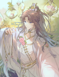 Rule 34 | 1boy, absurdres, amonko, blue eyes, bracelet, braid, brown hair, chinese clothes, cleavage cutout, closed mouth, clothing cutout, coat, cowboy shot, flower, flower ornament, hair flower, hair ornament, hand up, hanfu, highres, jewelry, lantern, leaf, light particles, long hair, long sleeves, looking at viewer, male focus, mole, mole under eye, parted bangs, pink coat, pink flower, robe, side braid, smile, solo, the tale of food, white robe, wide ponytail, wide sleeves, xiao guan (headdress), xue ji geng