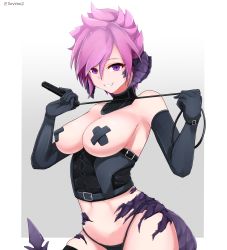 Rule 34 | 1girl, au ra, warrior of light (ff14), bare shoulders, bdsm, belt, black gloves, black panties, breasts, corset, cowboy shot, elbow gloves, fang, final fantasy, final fantasy xiv, gloves, gradient background, grey background, grin, hands up, highres, holding, horns, large breasts, looking at viewer, navel, original, panties, pasties, pink hair, purple eyes, short hair, smile, solo, soveno, tail, twitter username, two-tone background, underwear, whip