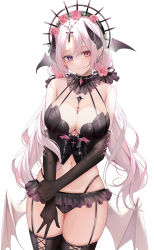 Rule 34 | 1girl, absurdres, bat wings, black gloves, black horns, blue eyes, breasts, cleavage, closed mouth, commission, cross, flower, gloves, hair flower, hair ornament, heterochromia, highres, horns, long hair, low twintails, low wings, medium breasts, navel, original, pink flower, pink rose, pixiv commission, pointy ears, red eyes, rose, ru zhai, simple background, solo, thighhighs, twintails, vampire, white background, white hair, wings