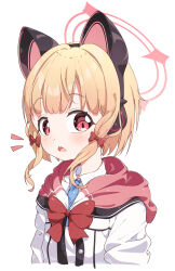 Rule 34 | 1girl, animal ear headphones, animal ears, blonde hair, blue archive, blue necktie, blush, bow, cat ear headphones, collared shirt, cropped torso, fake animal ears, hair bow, halo, headphones, highres, jacket, long sleeves, looking at viewer, low-tied sidelocks, momoi (blue archive), necktie, notice lines, open mouth, pink eyes, pink halo, pink hood, red bow, shirt, short hair, solo, white background, white jacket, white shirt, yairo ju