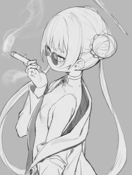 Rule 34 | 1girl, blue archive, breasts, china dress, chinese clothes, cigar, coat, commentary request, double bun, dress, greyscale, hair bun, halo, highres, holding, holding cigar, kisaki (blue archive), long hair, long sleeves, looking at viewer, monochrome, open clothes, open coat, round eyewear, signalviolet, simple background, sketch, small breasts, smoke, smoking, solo, twintails, upper body, very long hair