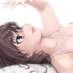 Rule 34 | 1girl, :d, blue eyes, breasts, brown hair, cleavage, ear piercing, ichinose shiki, idolmaster, idolmaster cinderella girls, jewelry, lamp p9, lying, medium breasts, medium hair, necklace, on back, open mouth, piercing, simple background, smile, solo, upper body, white background