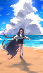 Rule 34 | 1girl, ^ ^, absurdres, aris (blue archive), beach, black hair, black skirt, blue archive, blush, closed eyes, floating hair, full body, hair between eyes, highres, jacket, long hair, outdoors, outstretched arms, ryoutsu, school uniform, shirt, skirt, smile, solo, straight hair, very long hair, white jacket, white shirt