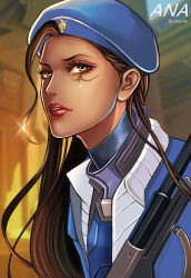 Rule 34 | 1girl, aged down, ana (overwatch), armor, artist name, beret, black hair, blue jacket, bodysuit, brown eyes, captain amari, character name, dark-skinned female, dark skin, eyelashes, facial mark, facial tattoo, glint, gun, hat, jacket, lips, lipstick, logo, long hair, makeup, military, military uniform, mw, official alternate costume, overwatch, overwatch 1, parted lips, power armor, power suit, red lips, rifle, solo, tattoo, uniform, upper body, weapon