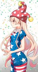 Rule 34 | 1girl, american flag dress, american flag legwear, blonde hair, blush, clownpiece, collar, cowboy shot, daiji pt, frilled collar, frilled shirt collar, frills, from side, hat, jester cap, long hair, pantyhose, polka dot, red eyes, revision, short sleeves, simple background, smile, solo, standing, star (symbol), striped clothes, striped pantyhose, touhou, very long hair