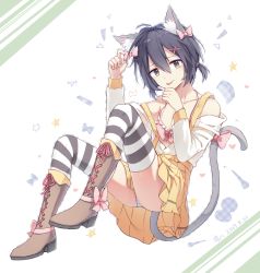 Rule 34 | 1boy, animal ears, babouo, bad id, bad pixiv id, black hair, black thighhighs, blue panties, blush, boots, bow, brown footwear, cat boy, cat ears, cat tail, crossdressing, dated, hair bow, hair ornament, high heel boots, high heels, knee boots, looking at viewer, male focus, original, panties, pink bow, smile, solo, striped clothes, striped panties, striped thighhighs, tail, thighhighs, tongue, tongue out, trap, underwear, white panties, white thighhighs, x hair ornament