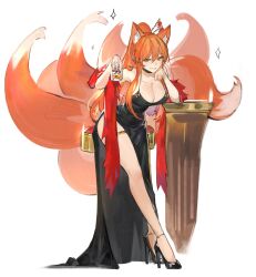 Rule 34 | 1girl, animal ear fluff, animal ears, black dress, breasts, cleavage, commission, dress, drink, fox ears, fox girl, fox tail, high heels, highres, holding, holding drink, large breasts, long hair, looking at viewer, lucadark art, multiple tails, orange eyes, orange hair, original, side slit, simple background, skeb commission, smile, solo, tail, white background