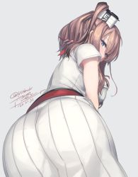 Rule 34 | 1girl, anchor, ass, belt, breasts, brown hair, dated, dress, grey eyes, hair between eyes, hair ornament, kantai collection, large breasts, looking back, neckerchief, pantylines, ponytail, red neckerchief, rokuwata tomoe, saratoga (kancolle), side ponytail, sidelocks, smokestack, white dress