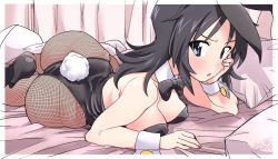 Rule 34 | 1girl, animal ears, ass, black bow, black bowtie, black footwear, black hair, black leotard, blue eyes, bow, bowtie, detached collar, fake animal ears, fanta (the banana pistols), fishnet pantyhose, fishnets, girls und panzer, hand on own face, high heels, highres, leotard, long hair, looking at viewer, lying, on side, pantyhose, pillow, playboy bunny, rabbit ears, rabbit tail, signature, solo, strapless, strapless leotard, tail, wrist cuffs, yamagou ayumi