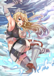 Rule 34 | 10s, 1girl, arm up, armpits, back, blonde hair, blue eyes, blue sky, blush, boots, breasts, cleavage, cloud, cloudy sky, day, detached sleeves, fingerless gloves, garter straps, gloves, grey footwear, headgear, highres, iowa (kancolle), kantai collection, knee boots, large breasts, long hair, looking back, marcell240298, miniskirt, open mouth, panties, skirt, sky, solo, sparkle, star-shaped pupils, star (symbol), striped clothes, striped thighhighs, symbol-shaped pupils, thighhighs, underwear, water