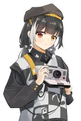 Rule 34 | 1girl, alternate costume, artist name, beret, black bow, black hair, black hat, bow, camera, checkered clothes, chinese commentary, clothing request, commentary request, dinergate (girls&#039; frontline), girls&#039; frontline, grey hair, hair bow, hat, heterochromia, highres, holding, holding camera, looking at viewer, low twintails, multicolored hair, polaroid, red eyes, ro635 (girls&#039; frontline), s41ty, smile, solo, twintails, yellow eyes
