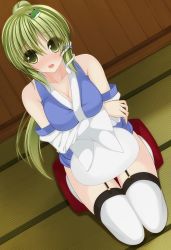 Rule 34 | 1girl, adapted costume, alternate hairstyle, bad id, bad nicoseiga id, bare shoulders, blush, breast hold, breasts, chimunge, cleavage, cushion, detached sleeves, frog hair ornament, garter straps, green eyes, green hair, hair ornament, highres, kochiya sanae, long hair, looking at viewer, matching hair/eyes, open mouth, ponytail, seiza, sitting, snake hair ornament, solo, tatami, thighhighs, touhou, white thighhighs