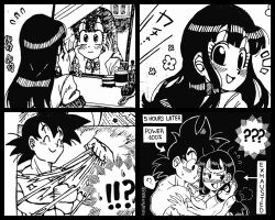 Rule 34 | aftersex, black eyes, black hair, blush, chi-chi (dragon ball), confused, couple, dragon ball, embarrassed, exausted, excited, flustered, happy, highres, hugging each other, husband and wife, long hair, monochrome, muscular, muscular male, smile, son goku, tagme, tearing clothes, torn clothes