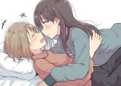 Rule 34 | +++, 2girls, absurdres, betock, black hair, black pants, blush, brown hair, commentary request, eyelashes, closed eyes, from side, highres, long hair, looking at another, lying, multiple girls, on back, open mouth, original, pants, parted lips, pillow, short hair, sweater, teeth, tongue, turtleneck, turtleneck sweater, upper teeth only, yuri
