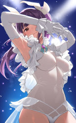 Rule 34 | 1girl, aqua ribbon, armpits, arms up, blue background, blunt bangs, blush, breasts, brooch, brown eyes, closed mouth, commentary, cowboy shot, elbow gloves, floating hair, flying sweatdrops, frilled gloves, frills, from below, glint, gloves, gradient background, hair ribbon, highres, idol, jewelry, kuon nanami, leotard, light particles, light smile, long hair, looking at viewer, medium breasts, neck ribbon, one eye covered, own hands together, paripi koumei, purple hair, ribbon, see-through, showgirl skirt, skin tight, skindentation, solo, stage lights, standing, sweat, taniguchi daisuke (surumenium), twintails, white gloves, white leotard, white ribbon