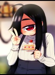 Rule 34 | 1girl, ahoge, black hair, blurry, blurry background, blush, cake, cake slice, closed mouth, dated, depth of field, fingernails, food, fruit, hand up, head tilt, high-waist skirt, highres, holding, letterboxed, long hair, long sleeves, looking at viewer, muku-chan (muroku), muroku (aimichiyo0526), original, red eyes, ribbed sweater, signature, skirt, smile, solo, strawberry, strawberry shortcake, suspender skirt, suspenders, sweater, tray, v, white sweater, x x
