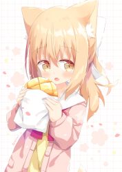 Rule 34 | 1girl, absurdres, animal ear fluff, animal ears, bad id, bad pixiv id, blush, bow, bread, brown eyes, commentary request, food, hair between eyes, hair bow, highres, holding, holding food, jacket, light brown hair, long hair, long sleeves, miike-chan, nakkar, open clothes, open jacket, open mouth, original, pink jacket, ponytail, red bow, shirt, sleeves past wrists, solo, twitter username, upper body, white bow, yellow shirt