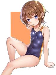 Rule 34 | 1girl, absurdres, alternate costume, black eyes, black one-piece swimsuit, bob cut, breasts, brown hair, closed mouth, collarbone, commentary, competition swimsuit, covered navel, ebora, highres, kinuhata saiai, knee up, looking at viewer, one-piece swimsuit, orange background, orange one-piece swimsuit, short hair, sitting, small breasts, solo, swimsuit, toaru kagaku no railgun, toaru majutsu no index, two-tone background, two-tone swimsuit, wet, white background