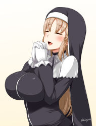 Rule 34 | 1girl, blonde hair, blush, breasts, breasts squeezed together, closed eyes, darkmaya, gloves, habit, large breasts, long hair, nijisanji, nun, open mouth, own hands together, praying, signature, simple background, sister claire, solo, upper body, virtual youtuber, white background, white gloves