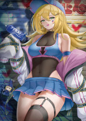 Rule 34 | 1girl, adapted costume, against wall, bare shoulders, baseball cap, blonde hair, bodystocking, breasts, candy, choker, cleavage, covered collarbone, covered navel, cowboy shot, cyicheng, dark magician girl, duel monster, facial mark, food, food in mouth, garter straps, graffiti, green eyes, hair between eyes, hat, highleg, highleg leotard, large breasts, leotard, leotard under clothes, lollipop, long hair, looking at viewer, miniskirt, o-ring, pleated skirt, skirt, solo, spray paint, thighhighs, witch hat, yu-gi-oh!