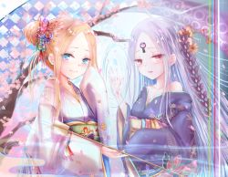 Rule 34 | 2girls, abigail williams (fate), abigail williams (third ascension) (fate), bare shoulders, blue eyes, blush, bow, butterfly hair ornament, closed mouth, collarbone, commentary request, dual persona, fate/grand order, fate (series), fingernails, floral print, flower, forehead, glowing, hair bow, hair bun, hair flower, hair ornament, hand up, head tilt, holding, japanese clothes, kimono, kinom (sculpturesky), long hair, long sleeves, looking at viewer, multiple girls, obi, off shoulder, orange bow, orange flower, parted bangs, parted lips, pink flower, print kimono, purple eyes, purple hair, purple kimono, ripples, sash, single hair bun, sleeves past fingers, sleeves past wrists, smile, tree, very long hair, white kimono, wide sleeves