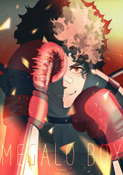 Rule 34 | 10s, 1boy, absurdres, bandages, bandage on face, boxing gloves, brown hair, copyright name, covering one eye, dated, fighting stance, gloves, grin, hand up, highres, joe (megalo box), looi lan, looking at viewer, male focus, megalo box, portrait, smile, solo, twitter username