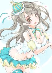 Rule 34 | 10s, 1girl, :d, blush, breasts, brown eyes, brown hair, cleavage, crown, detached sleeves, frapowa, heart, long hair, love live!, love live! school idol festival, love live! school idol project, midriff, minami kotori, navel, open mouth, puffy detached sleeves, puffy sleeves, smile, solo