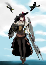 Rule 34 | 1girl, absurdres, aircraft, aninju6657, asymmetrical gloves, belt, black pantyhose, blush, breasts, brown skirt, cleavage, cloud, corset, day, formidable (warship girls r), gloves, green eyes, grin, hat, high-low skirt, highres, holding, holding weapon, jewelry, long hair, o-ring, outdoors, pantyhose, red hair, ribbon, rigging, skirt, sky, smile, smoke, solo, steampunk, thigh strap, uneven gloves, vial, warship girls r, water, weapon