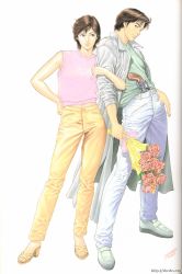 Rule 34 | 1980s (style), 1boy, 1girl, artist name, bare legs, bouquet, brown eyes, brown hair, city hunter, coat, eye contact, flower, full body, green shirt, gun, hand in pocket, hand on own hip, handgun, highres, hip focus, holding, houjou tsukasa, long coat, looking at another, makimura kaori, official art, oldschool, pants, pink shirt, python .357 magnum, red flower, red rose, retro artstyle, revolver, rose, saeba ryou, sandals, shirt, shoes, short hair, simple background, sleeveless, sleeveless shirt, smile, standing, watermark, weapon, web address, white background, white coat, white footwear, white pants, yellow footwear, yellow pants