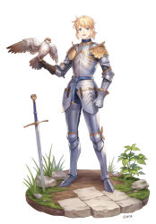Rule 34 | 1boy, :d, absurdres, armor, asymmetrical gloves, bird, bird on hand, bishounen, blonde hair, blue eyes, breastplate, chainmail, commentary, eika127, english commentary, falcon, falconry, faulds, full body, gauntlets, gloves, greaves, highres, knight, leather, leather gloves, looking at viewer, male focus, medieval, open mouth, original, plant, planted, planted sword, planted weapon, plate armor, sabaton, shoulder armor, signature, smile, solo, standing, sword, uneven gloves, weapon, white background