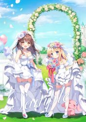 Rule 34 | 2girls, anklet, arch, blonde hair, blue bow, blue eyes, blue hair, bow, braid, bridal veil, brown eyes, brown hair, cloud, commentary request, day, detached sleeves, dress, floral arch, flower, frilled dress, frills, garter straps, high heels, jewelry, layered dress, long hair, multiple girls, original, outdoors, pan (mimi), petals, pink flower, pink rose, pleated dress, puffy short sleeves, puffy sleeves, rose, sample watermark, see-through, shoes, short sleeves, single braid, skindentation, standing, standing on one leg, strapless, strapless dress, stuffed animal, stuffed rabbit, stuffed toy, thighhighs, two side up, veil, watermark, wedding dress, white dress, white flower, white footwear, white legwear, white rose, white sleeves