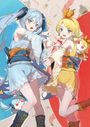 Rule 34 | 2girls, :d, a ja nai ka (vocaloid), absurdres, aimaina, annoyed, bare shoulders, blonde hair, blue bow, blue eyes, blue footwear, blue hair, blue kimono, blue sash, blue sleeves, boots, bow, bow hairband, brown eyes, brown footwear, character doll, commentary request, cross-laced footwear, detached sleeves, earrings, feet out of frame, from below, gourd, gradient eyes, hair between eyes, hair ornament, hairband, hairclip, hands up, hatsune miku, highres, japanese clothes, jewelry, kagamine rin, kimono, knee boots, leg up, long hair, looking at viewer, medium hair, multicolored eyes, multiple girls, nik ibi, obi, open mouth, orange sash, parted bangs, pointing, pointing at another, sash, short kimono, sidelocks, sleeveless, sleeveless kimono, smile, standing, symbol-shaped pupils, teeth, thumbs down, thumbs up, triangle earrings, triangle hair ornament, twintails, upper teeth only, vocaloid, white sleeves, wide sleeves, yellow kimono