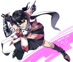 Rule 34 | 1girl, adapted turret, asymmetrical legwear, black gloves, black hair, black neckerchief, black skirt, blush, brown hair, buttons, dated, double-breasted, elbow gloves, fingerless gloves, gegeron, gloves, highres, holding, holding torpedo, kantai collection, kneehighs, neckerchief, scarf, school uniform, sendai (kancolle), sendai kai ni (kancolle), serafuku, signature, single kneehigh, single sock, single thighhigh, skirt, smile, socks, solo, thighhighs, torpedo, torpedo launcher, two side up, uneven legwear, white background, white scarf