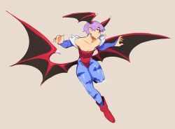 Rule 34 | 1girl, animal print, arms up, bare shoulders, bat print, bat wings, boots, brown background, demon girl, flat chest, full body, head wings, leg up, leotard, lilith aensland, low wings, pantyhose, profile, purple hair, red eyes, red footwear, red leotard, short hair, signature, simple background, solo, demon girl, vampire (game), wings, zambiie