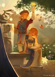 Rule 34 | 1boy, 1girl, basket, beret, blonde hair, blue dress, blue headwear, blue tabard, book, boots, braid, bug, butterfly, crown braid, dress, earrings, flower, fountain, gloves, green eyes, hat, highres, holding, holding basket, holding book, insect, jewelry, layered sleeves, link, long hair, long sleeves, multicolored clothes, multicolored dress, nature, nintendo, parted bangs, pointy ears, princess zelda, reflective floor, rhinoceros beetle, royal guard set (zelda), short over long sleeves, short sleeves, sidelocks, silent princess, sitting, smile, standing, star fragment (zelda), tabard, the legend of zelda, the legend of zelda: breath of the wild, thigh boots, tree, triforce, triforce print, white dress, white footwear, white gloves, yushx31